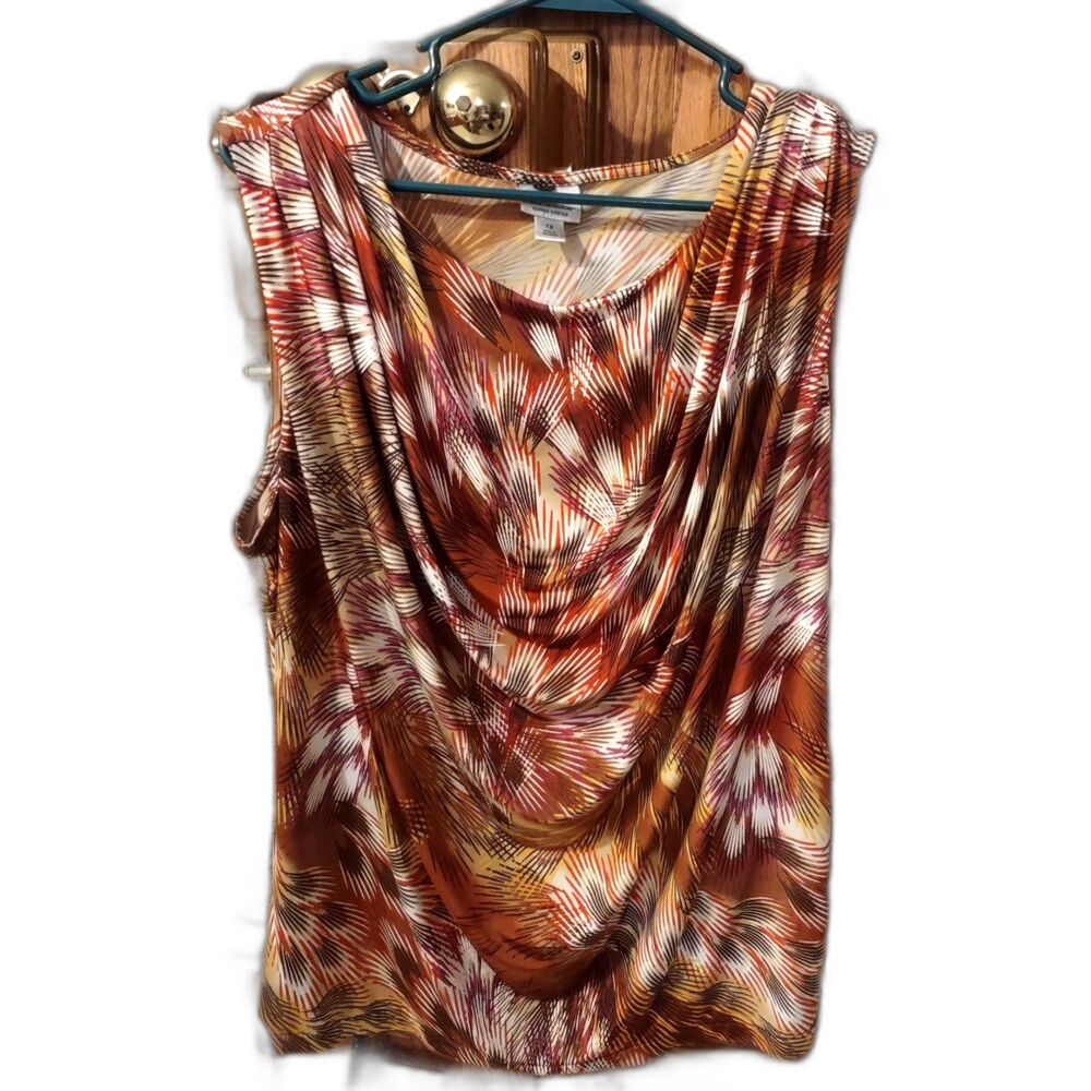 Worthington Woman's Stretch Sleeveless Feather Print Draped Front Blouse